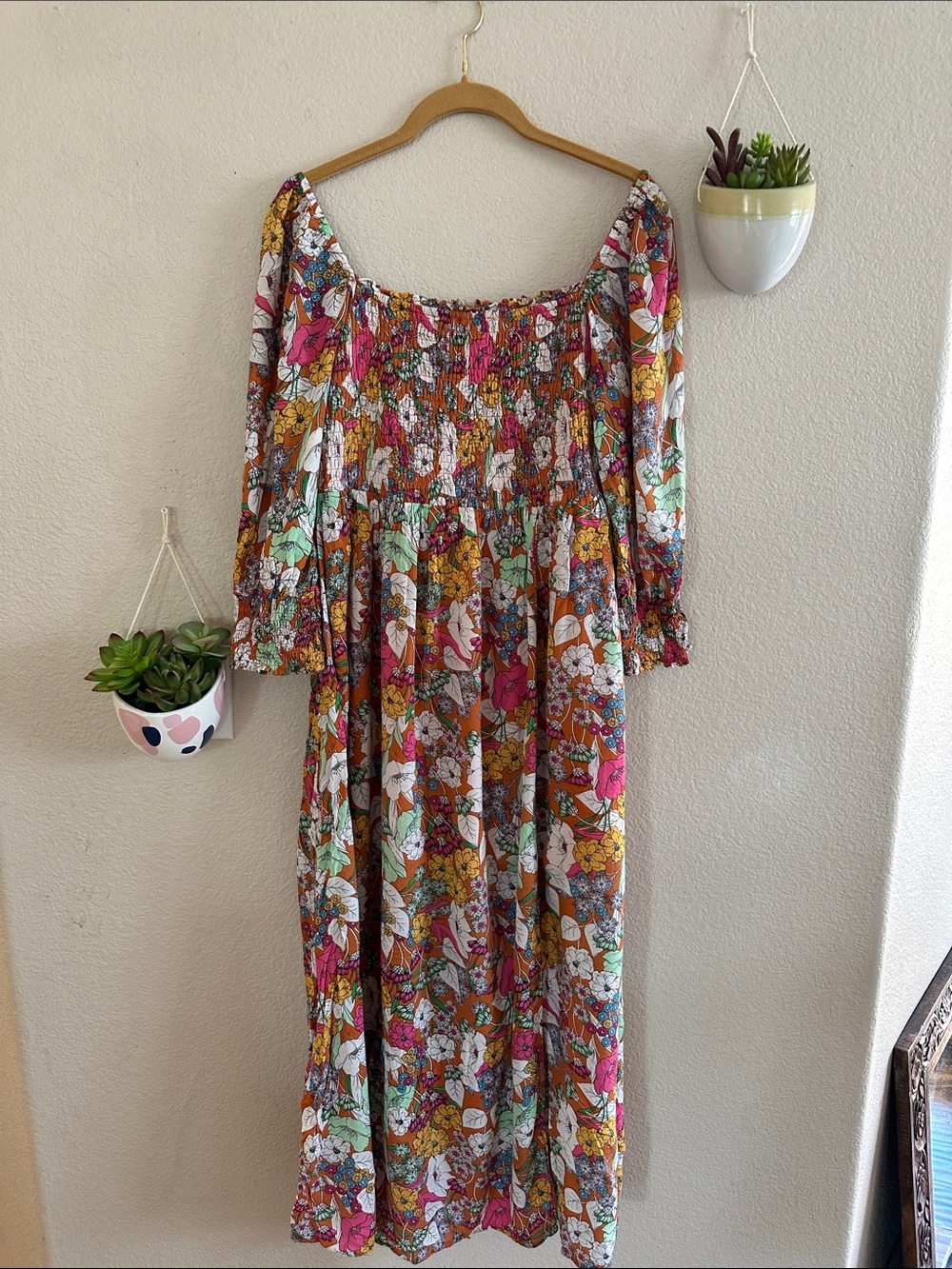 Melrose and Market Floral Boho Vintage Sleeves Smocked Dress Large